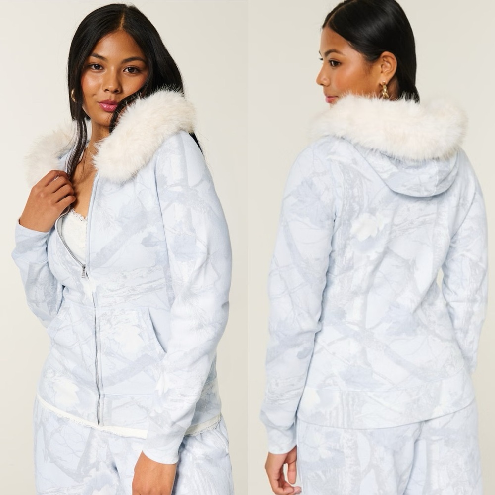 NWT Hollister Feel Good Faux Fur Trim Zip Sweatshirt Slim Hoodie Light Blue S